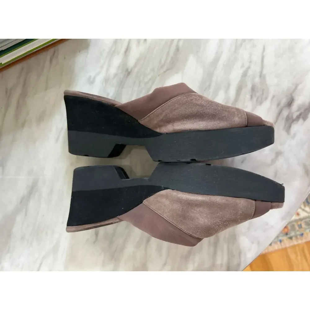 Thierry Rabotin Brown Suede & Fabric Wedge Peep Toe Sandal